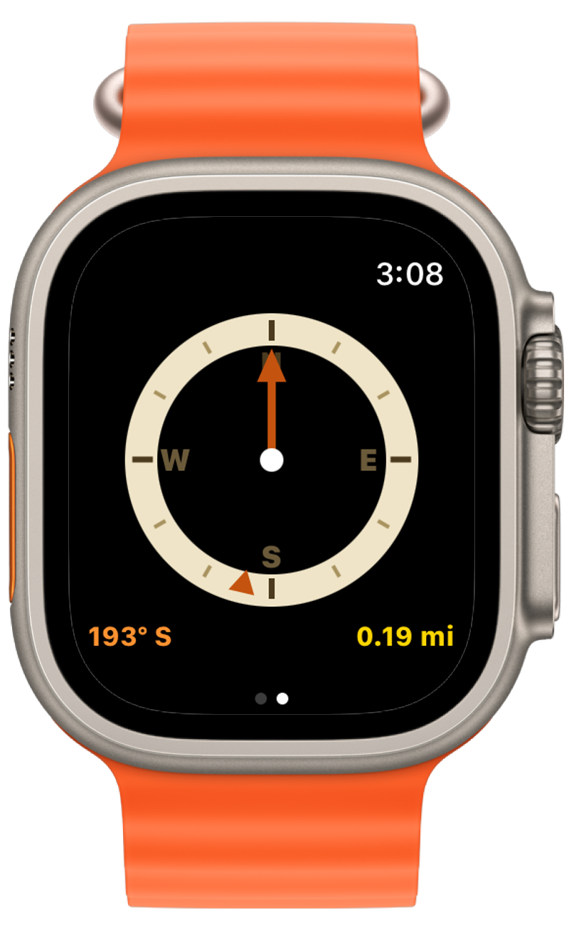 Trail Scout GPS on Apple Watch showing distance and bearing to trail