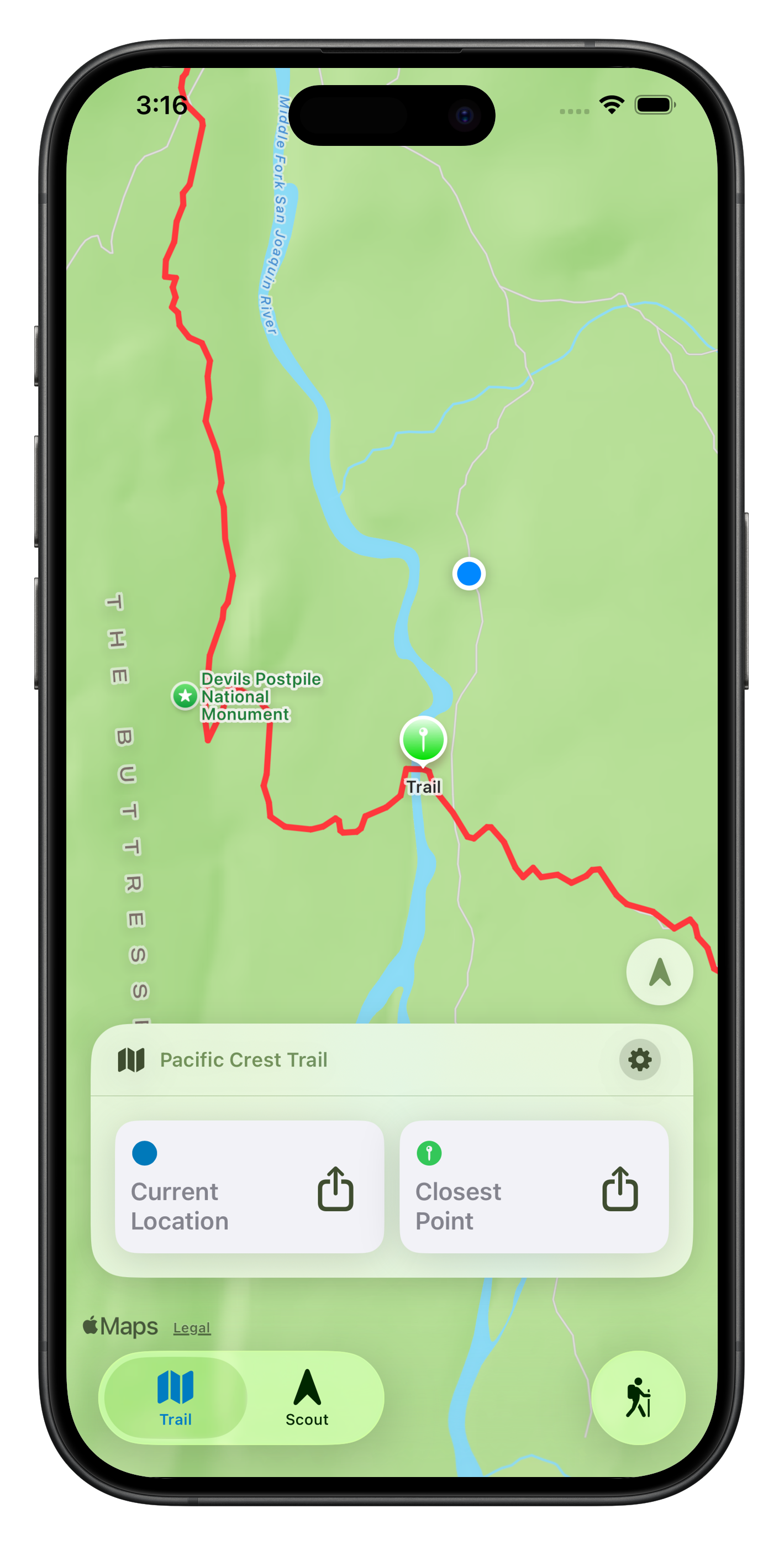 Trail Scout GPS trail map screen showing the Pacific Crest Trail route